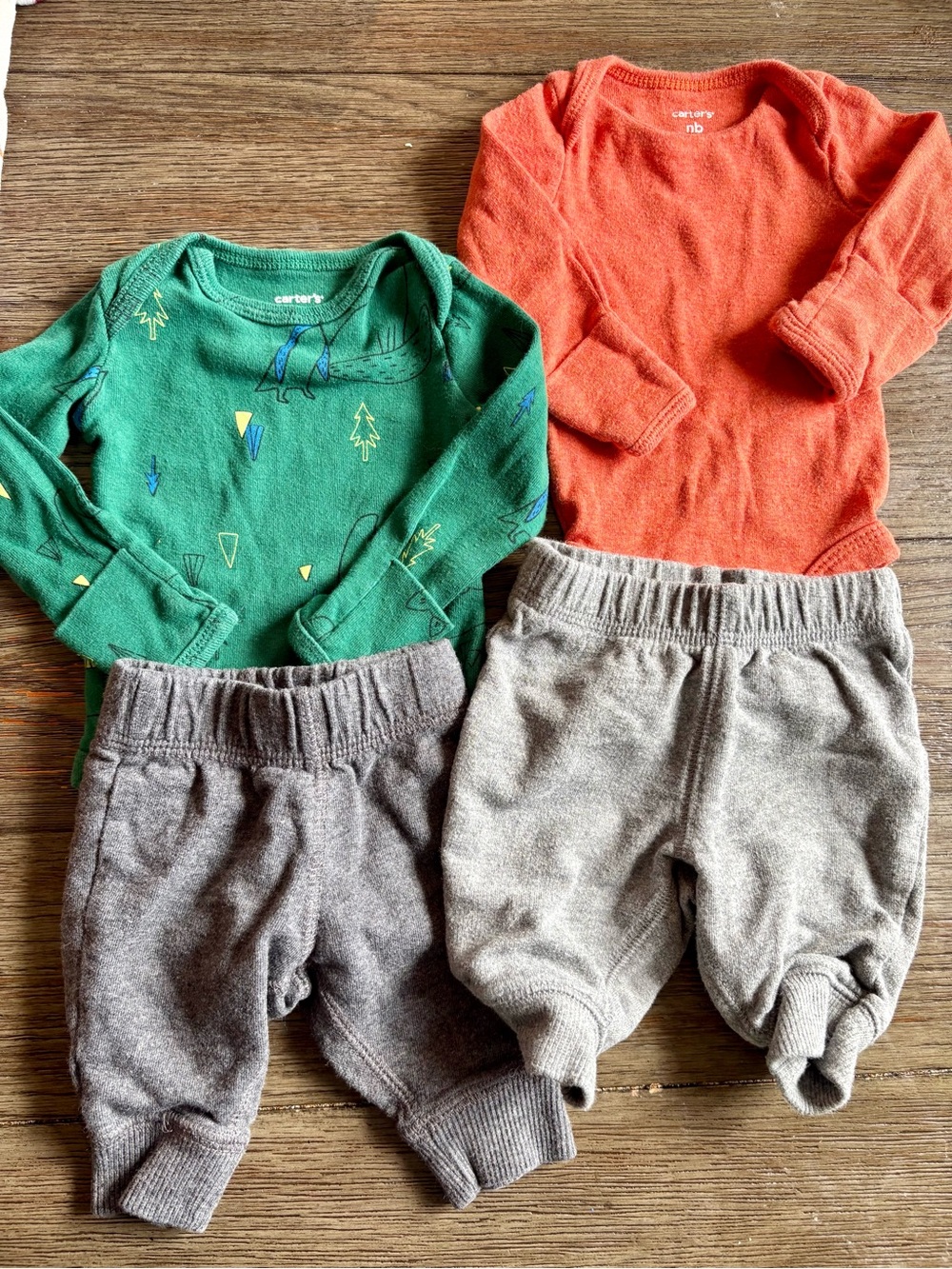 Carter's Green & Orange Baby Bodysuit Set with Gray Pants Bundle NB